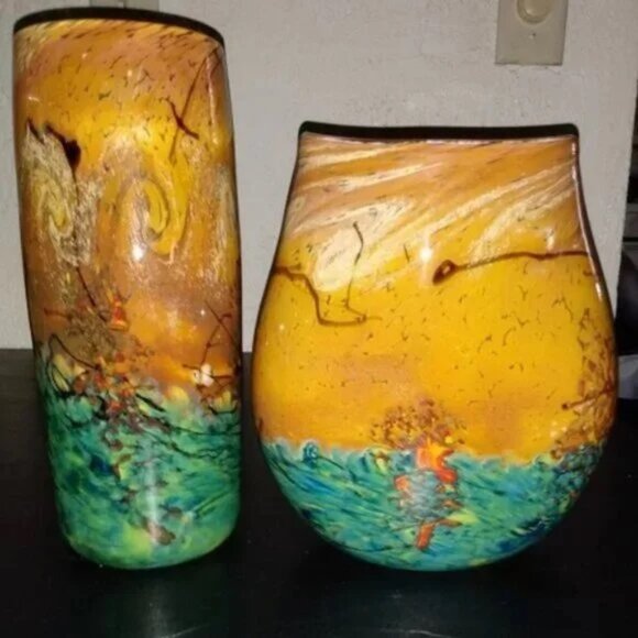 JOHN FIELDS 'SEDONA' Signed 2000 Hand Blown Studio Art Glass Cylinder Vase - Picture 9 of 12